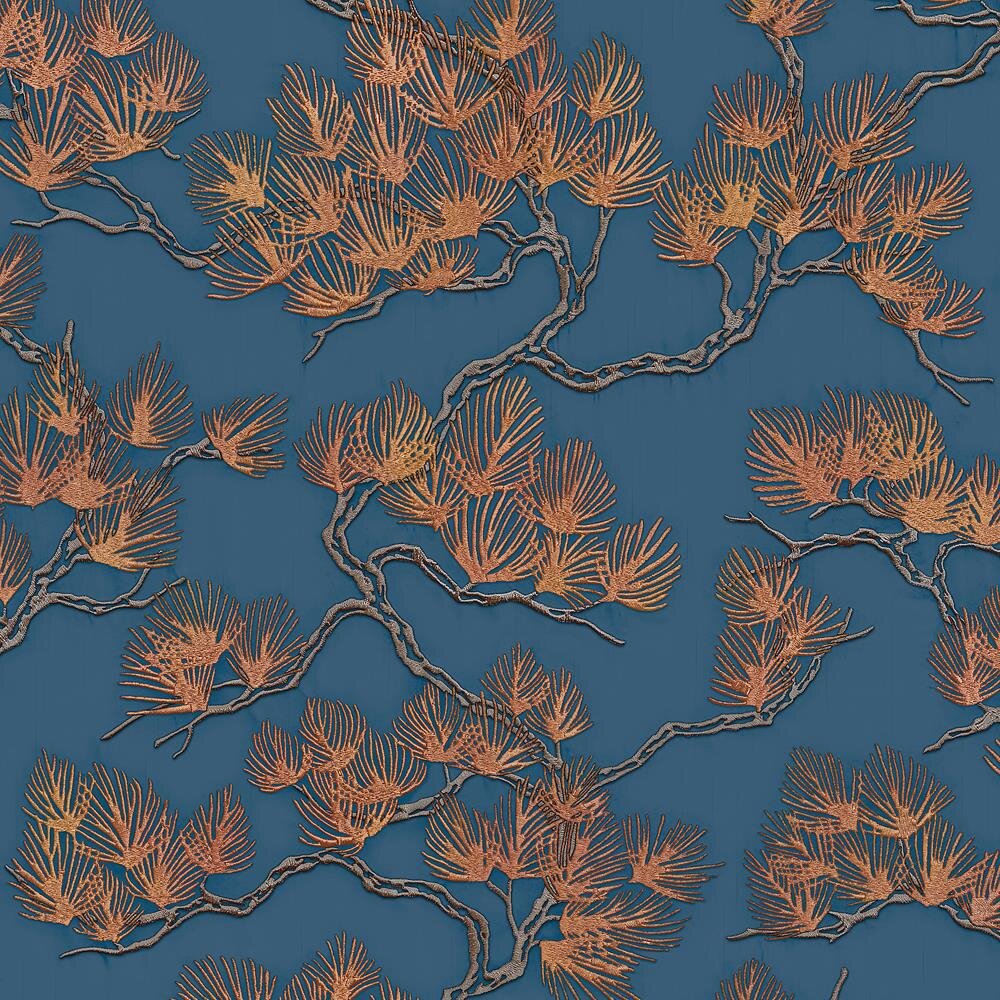 Navy Copper Pine Tree Wallpaper Textured Embossed Metallic Paste The Wall Vinyl